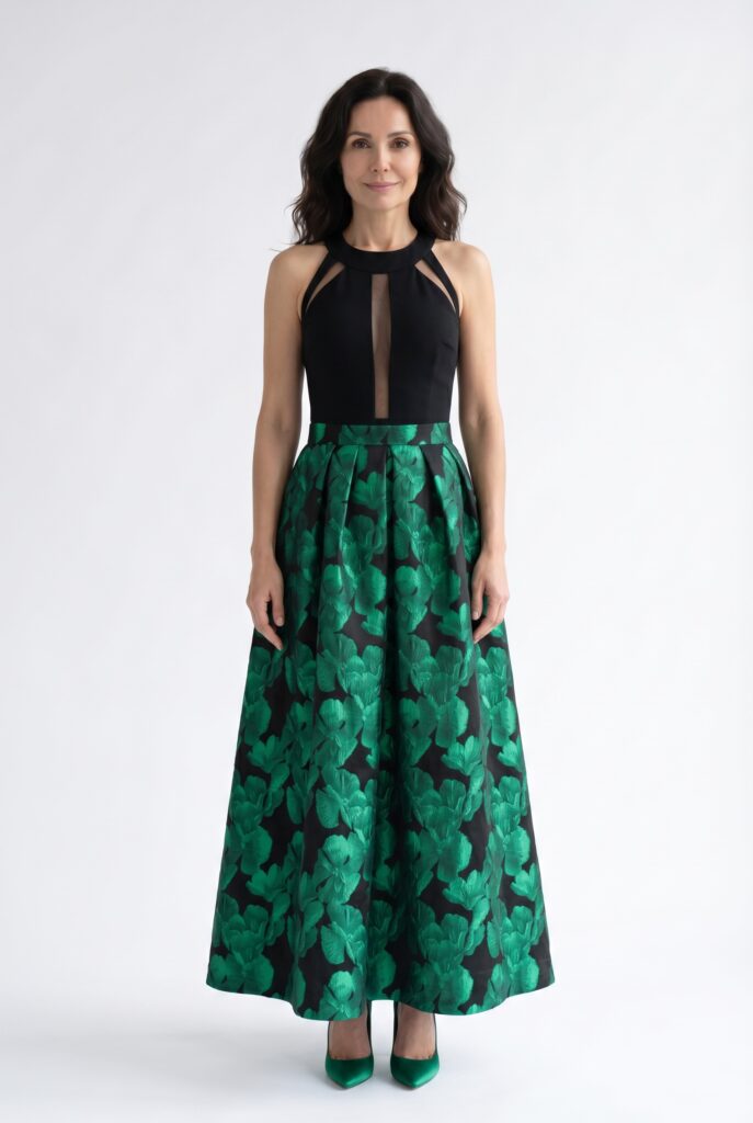 Berlin smaragdzöld virágmintás és fekete kétrészes alkalmi ruha a ZHOJA Moment kollekcióból.