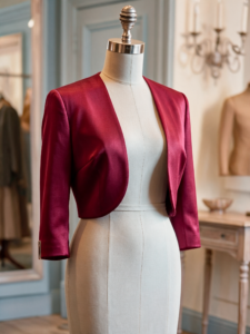 Elegáns, selymes fényű bordó szatén bolero kiskabát szalonban kiállított próbababán.
